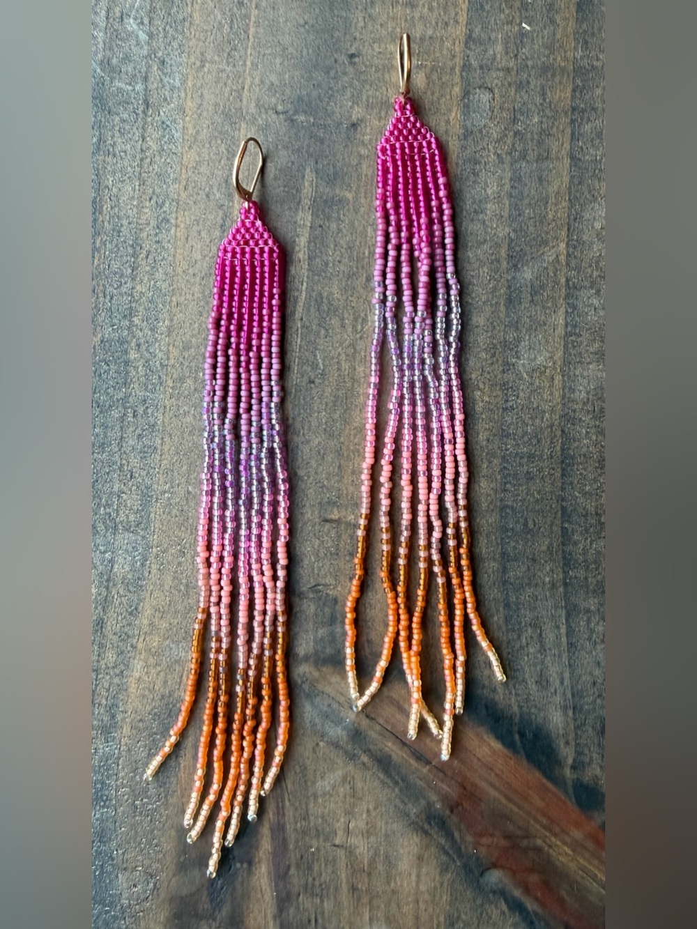 Handmade Pink to Orange Beaded Fringe Earrings